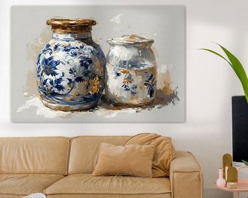 Nature morte de luxueux pots en faïence delft bleue sur fond gris. sur J.a Dijkstra