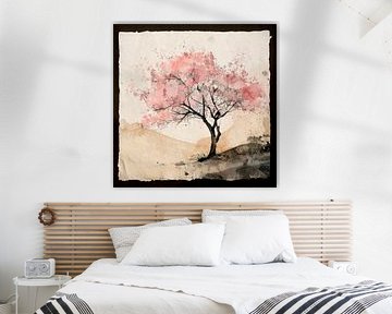 Japandi Art: Minimalistische Landschaft mit Apfelblüte