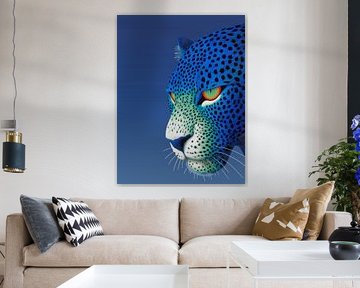 Blue Leopard Wall Art – Modern Wild Cat Portrait with Red Eyes in Digital Style by Ramy Salah Hefny
