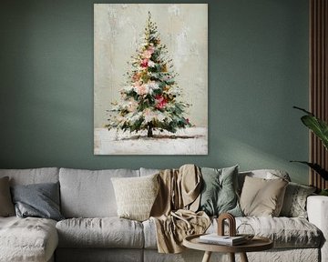 Klassischer Weihnachtsbaum mit rosa Blumen und Winterschnee im romantischen Ölgemälde-Stil