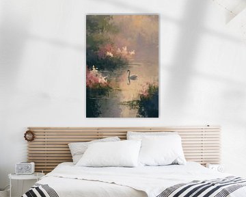 Swan Poster Lake Oil Painting Nature Art by Niklas Maximilian