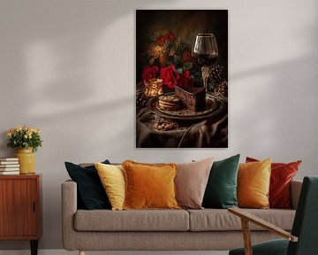 Chocolate cake and red sweet wine - atmospheric romantic still life by Joriali photography and paintings