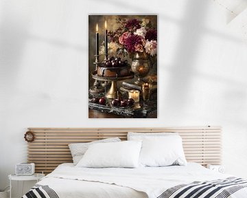 Chocolate cake with cherries and flowers - elegant romantic still life by Joriali photography and paintings
