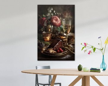 Chocolate cake and champagne - elegant romantic still life by Joriali photography and paintings