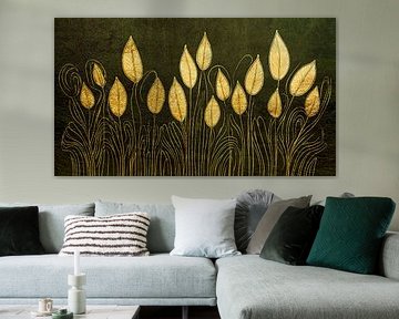 Abstract schilderij met gouden grassen op olijfgroen
