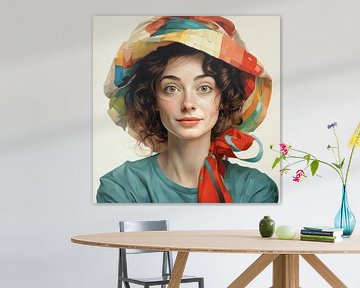 Young woman portrait large colourful fabric hat snapshot