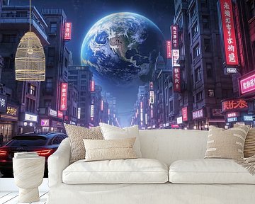 CYBERPUNK CITY - Die futuristische Megastadt mit Blick auf die Erde von INFERAURUM