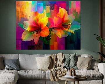 Modern abstract schilderij van Amaryllis bloemen in neon kleuren