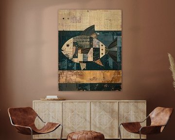 Vintage poster abstract fish in deep blue gold and beige