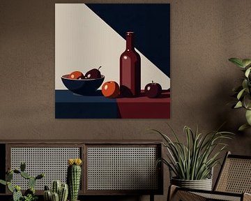 Geometrisch stilleven van wijnfles en fruitschaal Illustratie