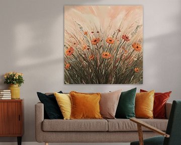 Impasto bloemenschilderij van oranje bloemen en grassen in warme tinten