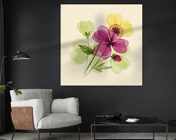 Delicate aquarel transparante bloem Arrangement in geel en magenta bloesem