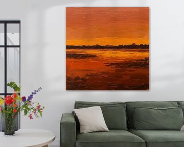 Structuur Impasto Zonsondergang Landschap Olieverfschilderij met Warme Tinten Kunstwerk
