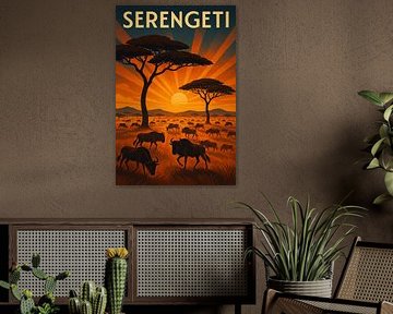 Affiche Art Déco Serengeti - Coucher de soleil sur la savane dorée avec animaux sauvages sur Travel Shop