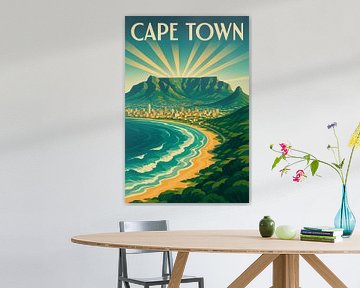 Affiche Art déco du Cap - Montagne de la Table et côte atlantique au lever du soleil sur Travel Shop