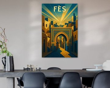 Affiche Art Déco de Fès - Porte Dorée de la Médina au lever du soleil sur Travel Shop