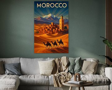 Morocco Art Deco Poster – Desert Caravan and Atlas Mountains by Travel Shop
