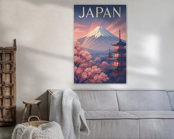 Japan Art Deco Poster - Berg Fuji en kersenbloesems bij zonsopgang