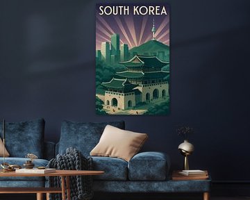 Zuid-Korea Art Deco Poster - Seoul Skyline en Gyeongbokgung Paleis