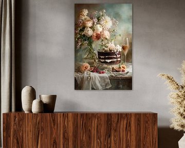 Cake and Champagne with Flowers - Elegant Still Life by Joriali photography and paintings