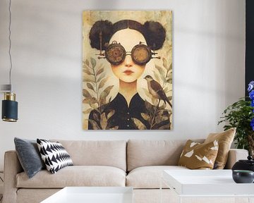 Poetisches Porträt einer Frau mit Steampunk-Brille und Vogel in einer verträumten botanischen Umgebung