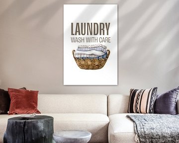 Laundry Wash With Care Poster - Laundry Room Decor - Watercolour Style - Stylish Laundry Basket Illustration - Neutral Wall Art for the Laundry Room
