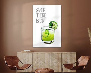 Smile There Is Gin Poster – Cocktail Illustration – Home Bar Decor – Funny Wall Art for Kitchen or L by Marian Nieuwenhuis