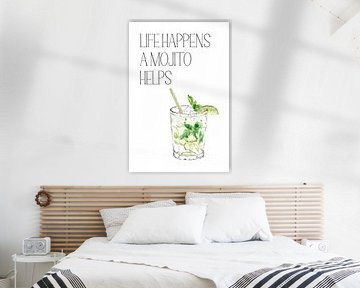 Life Happens A Mojito Helps Poster – Cocktail Illustration – Home Bar Decor – Fresh Wall Art for Kit by Marian Nieuwenhuis