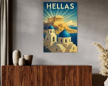 Vintage Griekenland Reis Kunst - Blauwe Koepels en Gouden Parthenon Licht