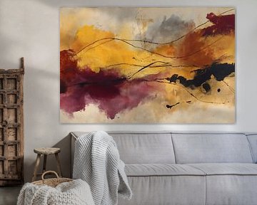 Abstract Schilderij - Goud en Bordeaux Krachtig en Dynamisch