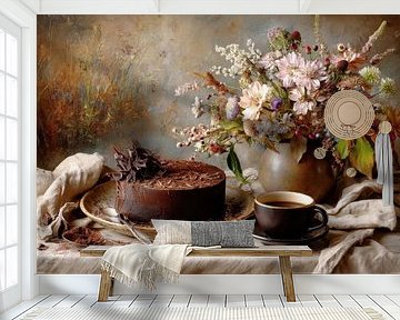 Chocolate Cake and Flowers - Quiet Romantic Still Life by Joriali photography and paintings