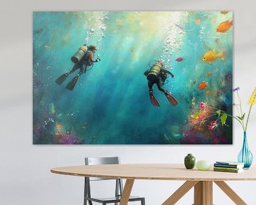 Duikers onder zee -  Dromerig Aquarel Schilderij