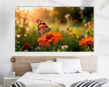 Vlinder op bloem van JP Wall Art