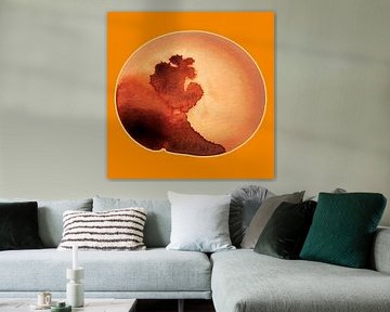TANGERINE GLOW AQUA EMBER 994 -Cirkelvormige Aquarelprint in Oranje en Koper met Landschappelijke Diepte