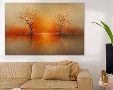 Een minimalistisch landschap oranje goud herfst bomen in de zonsondergang .