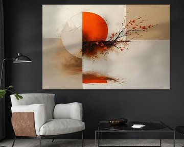 Een abstract modern landschap in warm rood cirkel en beige vlakken.