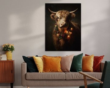 Schottischer Highlander mit Weihnachtskranz und warmen Lichtern vor dunklem Hintergrund