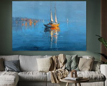 Zeilboot bij nacht - olieverfschilderij met stadsverlichting van Niklas Maximilian