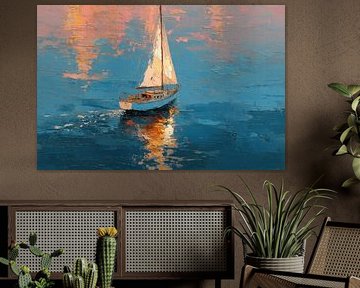 Segelboot bei Sonnenuntergang – Minimalistisches Ölbild