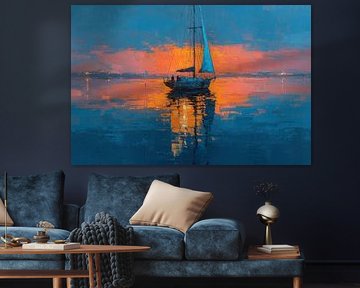 Segelboot bei Sonnenuntergang – Impressionistisches Öl