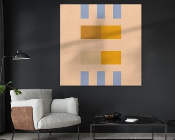 Abstract geometric art in mustard yellow, sky blue and beige by Dina Dankers