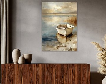 Rowing boat at the lake - Vintage oil painting