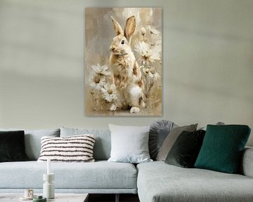 Niedlicher Hase mit Gänseblumen – Ölbild