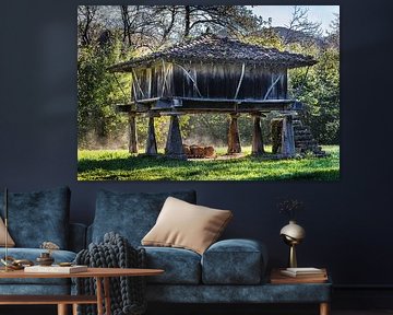 Hórreo dans la campagne des Asturies, au nord de l'Espagne