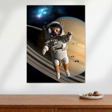 Skurriler Katzenastronaut reist durch den Kosmos in der Nähe des majestätischen Saturn's schillernd