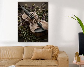 A beautiful vintage violin resting gently among delicate wild flowers, evoking by HASANUL FAUZIE