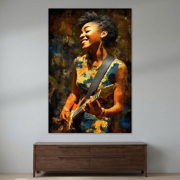 Vrouw met gitaar in warm zonlicht van Steinfox Art