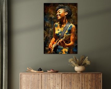 Woman with guitar in warm sunlight by Steinfox Art