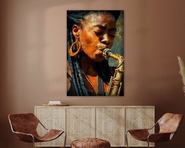 Vrouw met saxofoon in warm licht van Steinfox Art