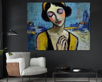Lofoten schilderij | Vrouw geel van Abstract Schilderij